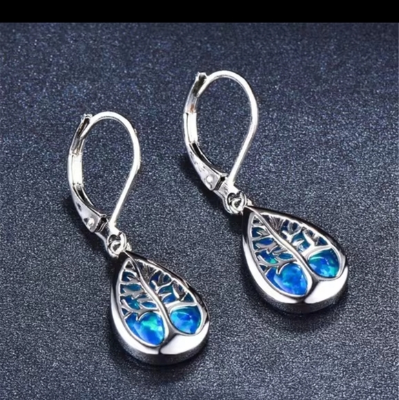 Price DROP-Sterling Silver Tree of Life Simulated Blue Opal Drop Earrings - Picture 1 of 7